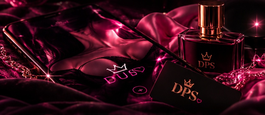 Telefon, mörk DPS-parfym och glansigt svart siden med rosa reflektioner